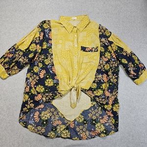POL Womens 3/4 Sleeve Patchwork Tie Front Tunic Top Size LG Floral Blue & Yellow